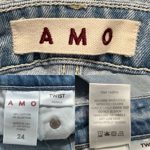 AMO Blue Fairfax Twist Distressed Split Hem Skinny Jeans 24 - Picture 6 of 7